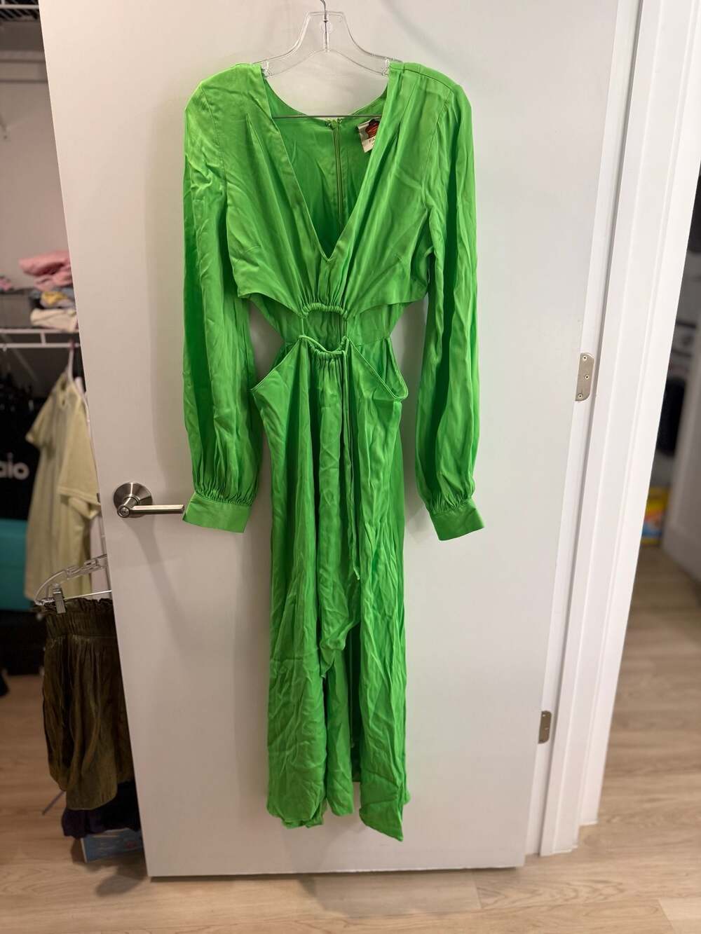 FARM Rio Lime Green V-Neck Cut-Out Long Sleeve Maxi Dress